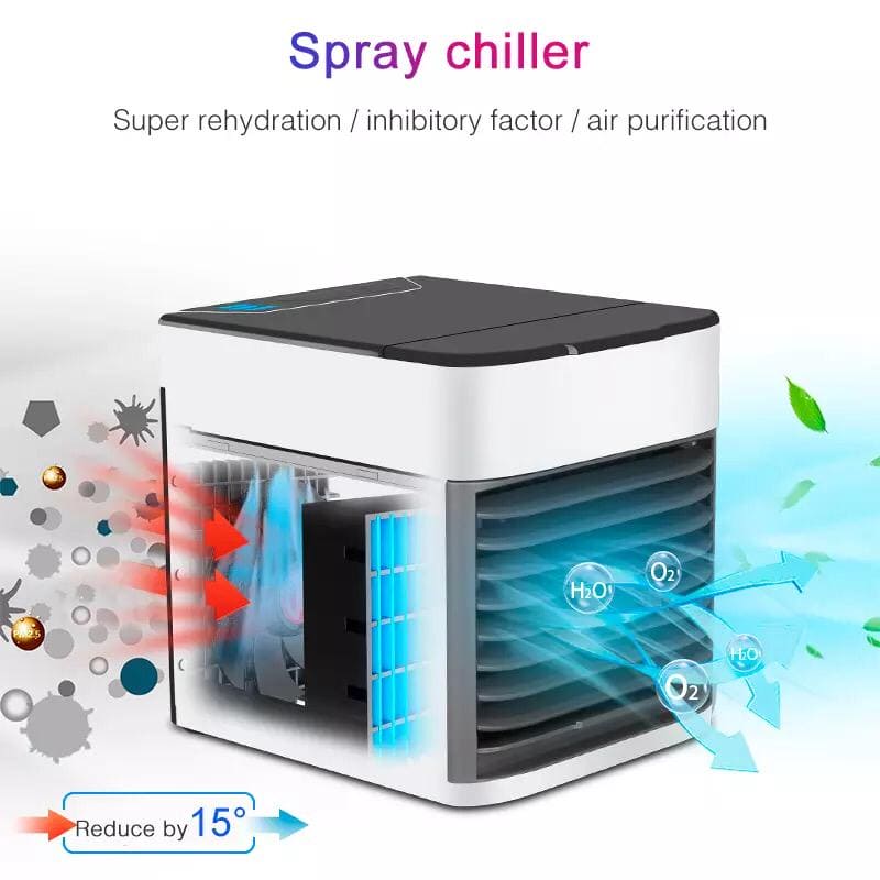 Mini USB Air Conditioner, Rechargeable Air Cooler With 3 Speeds, 7 LED Lights & Evaporative Humidification Mini USB Air Conditioner, Rechargeable Air Cooler With 3 Speeds, 7 LED Lights & Evaporative Humidification